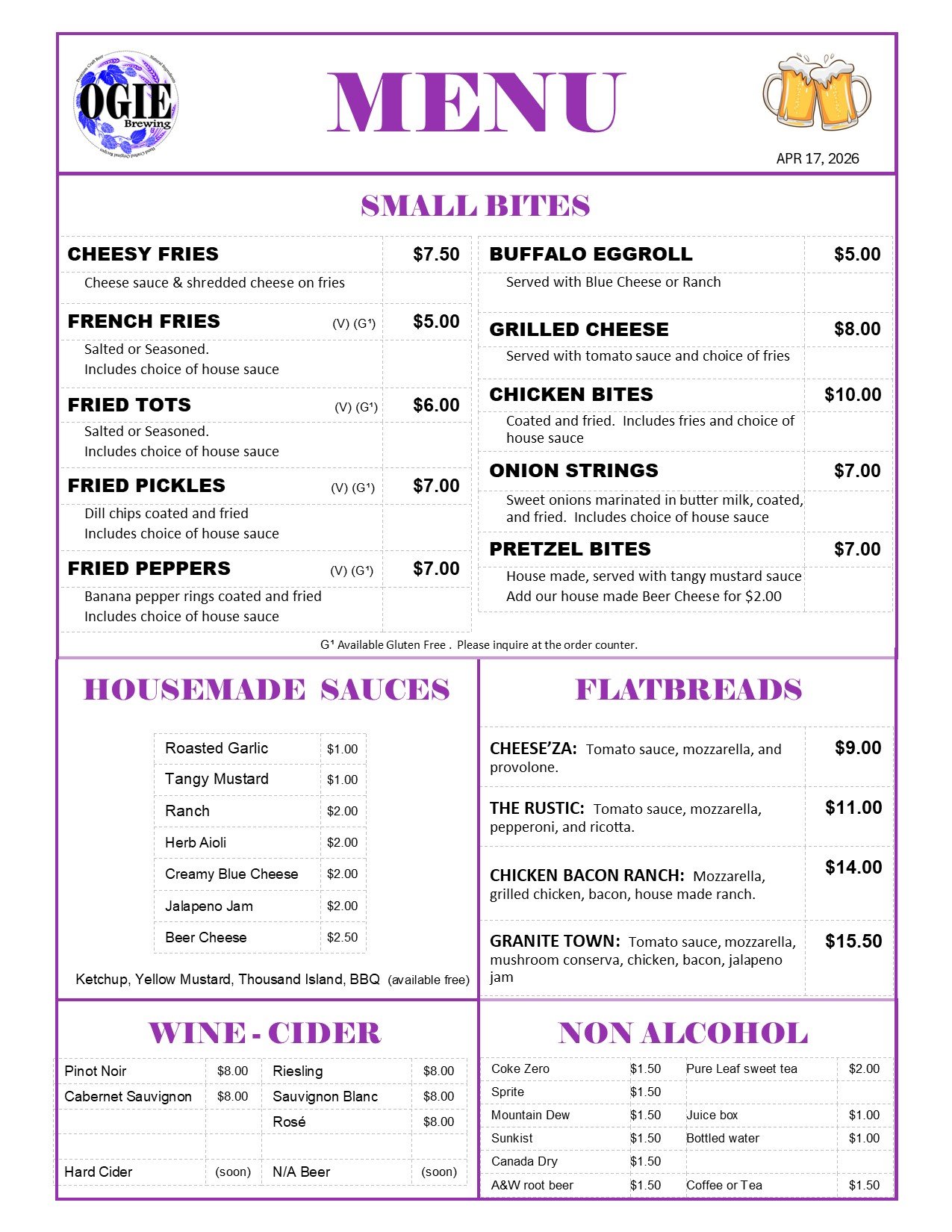 OGIE Kitchen Menu Page 1