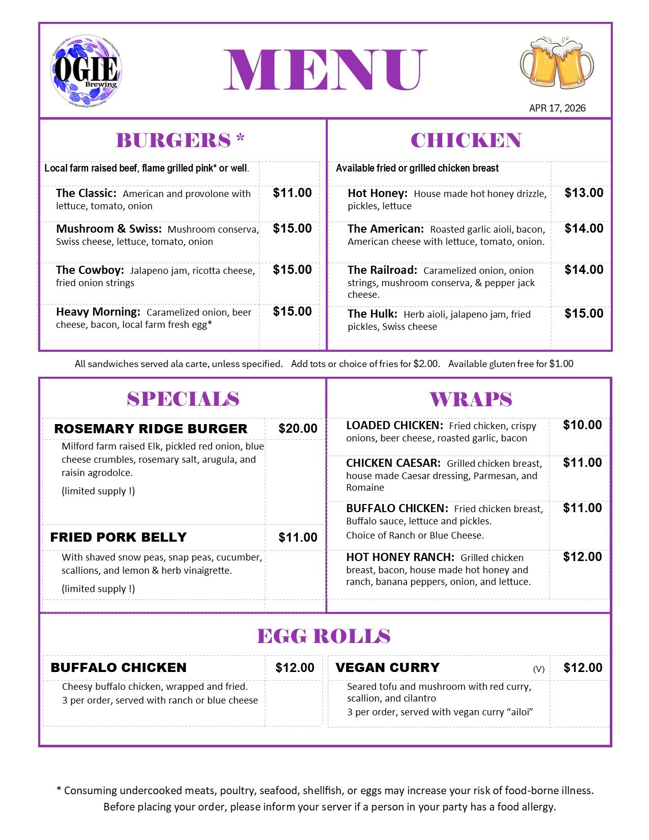 OGIE Kitchen Menu Page 2