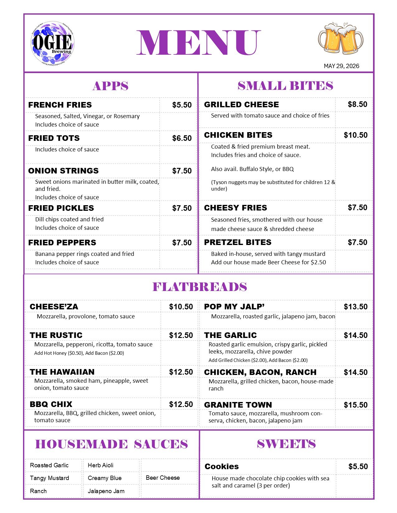 OGIE Kitchen Menu Page 1