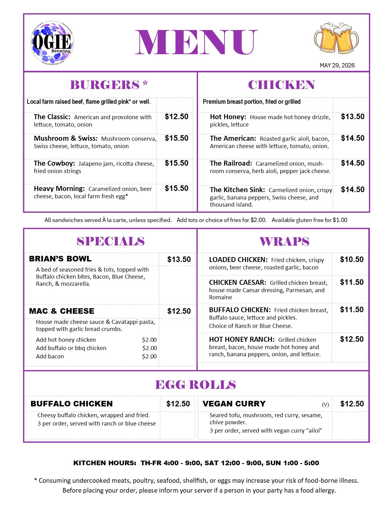 OGIE Kitchen Menu Page 2