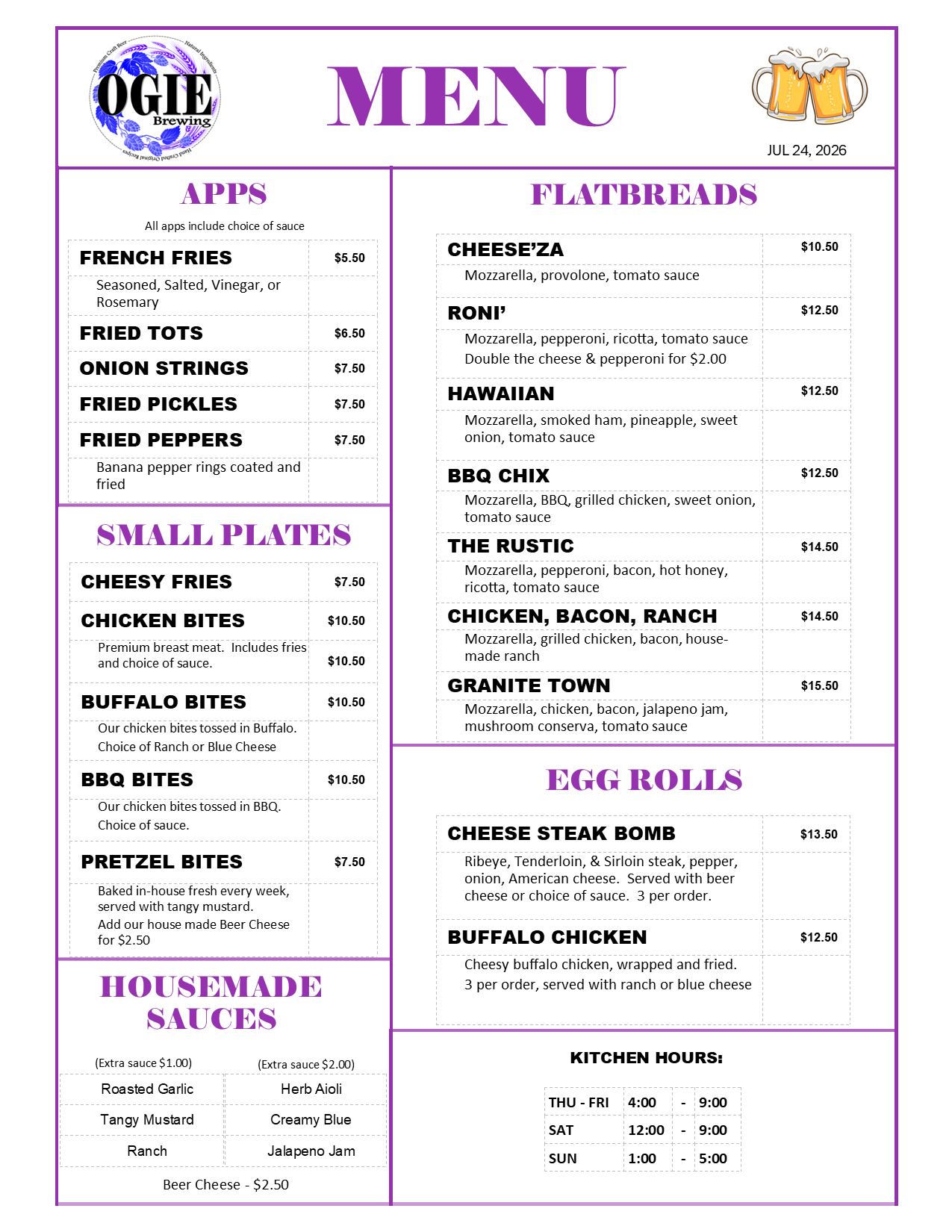 OGIE Kitchen Menu Page 1