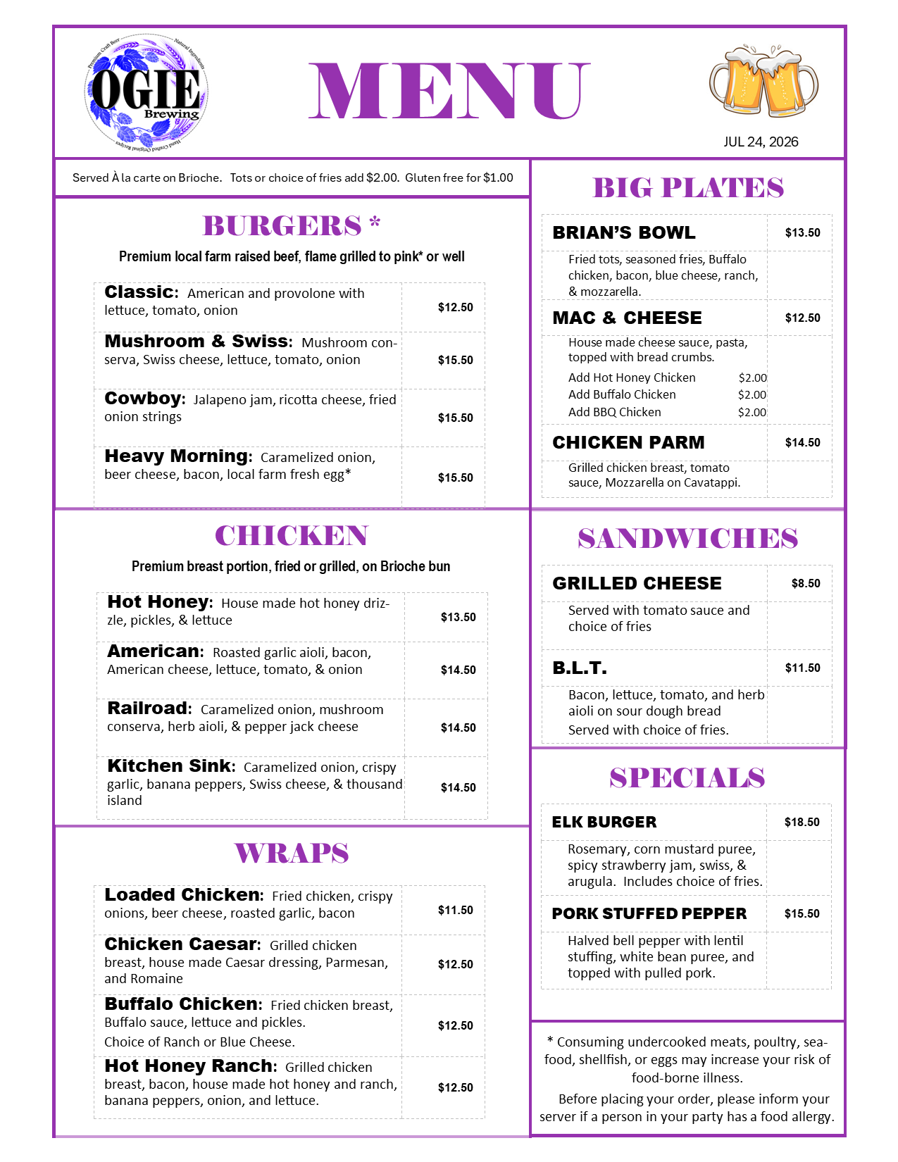OGIE Kitchen Menu Page 2