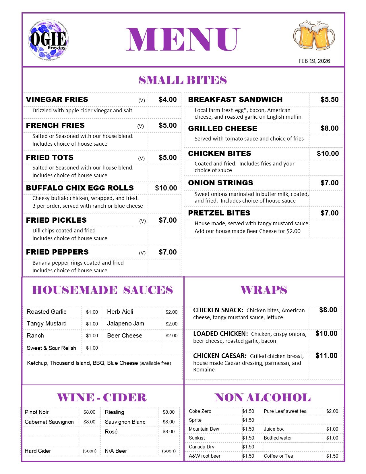 OGIE Kitchen Menu Page 1