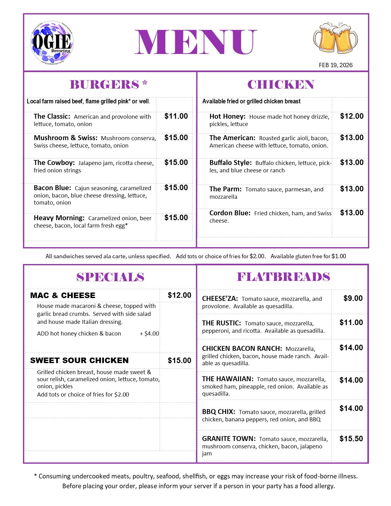 OGIE Kitchen Menu Page 2