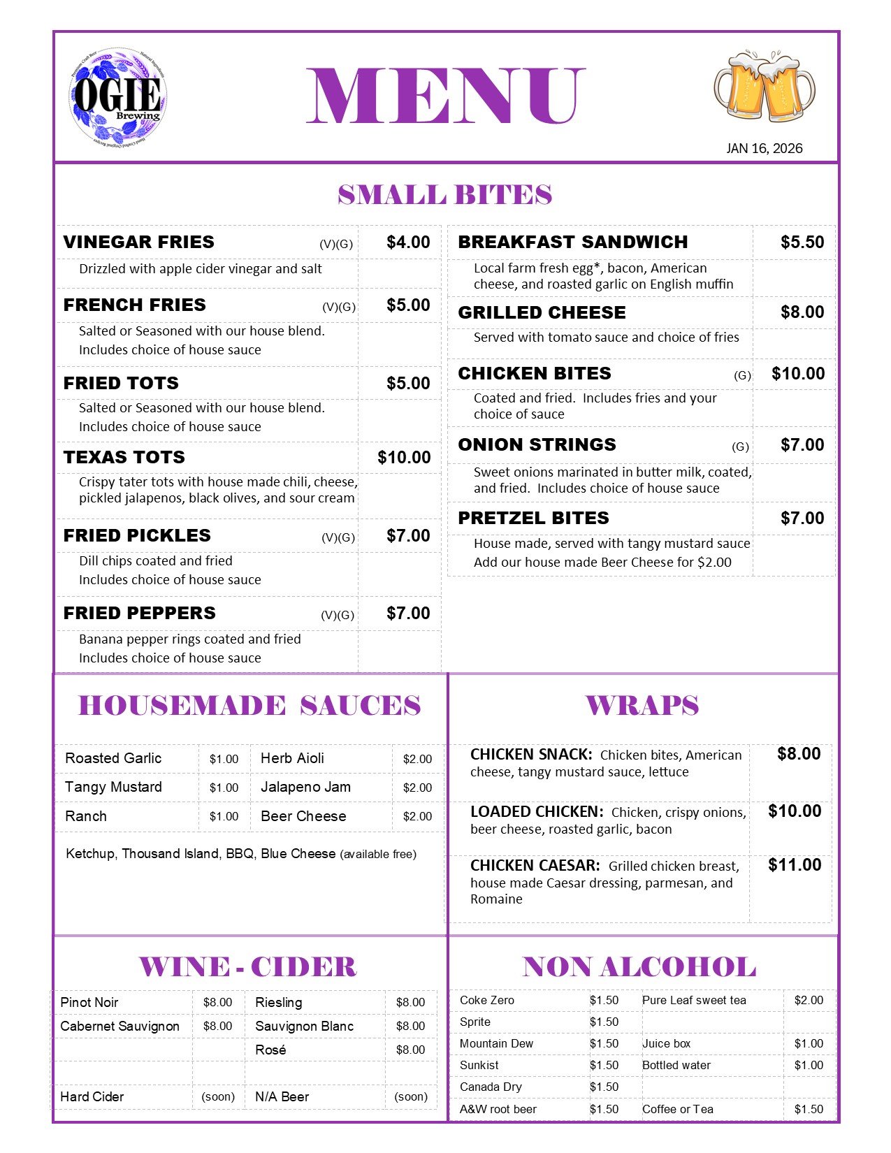 OGIE Kitchen Menu Page 1