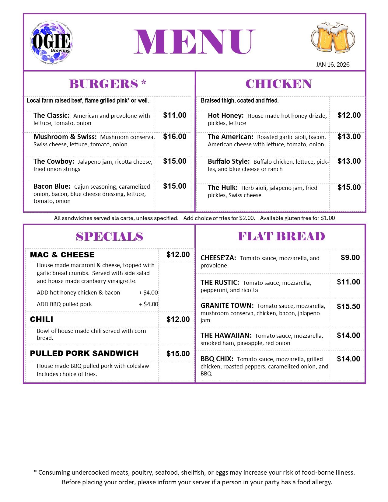 OGIE Kitchen Menu Page 2